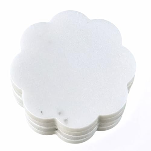 Marble Coasters Set of 4, Handcrafted Drink Protectors, Natural Stone Coaster Bar & Table Decor, Modern Desk Aesthetic Accessories, Non-Slip Luxury Gift (Marble White Round Scalloped)