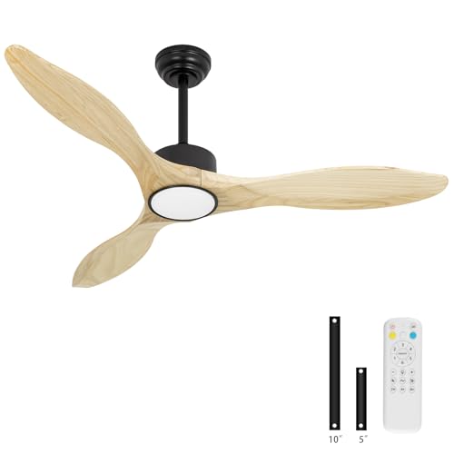 52 inch Natural Wood Ceiling Fans with Lights and Remote - color: Natural wood ceiling fan - pointed