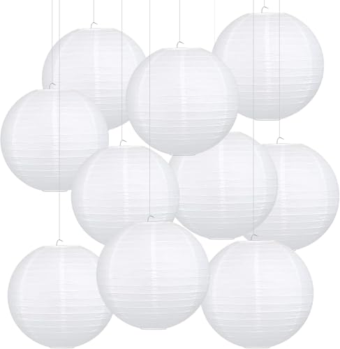 LIHAO 12 Inch White Round Paper Lanterns (10 Pack) - size: 12 inches