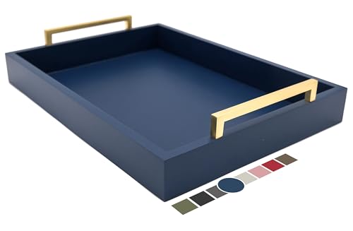 Decorative Coffee Table Tray - Ottoman Tray - Breakfast, Drinks, Liquor Serving Platter - from Farmhouse to Modern - Matte Finish - Champagne Gold Handles - Twilight-Blue - color: Twilight-blue