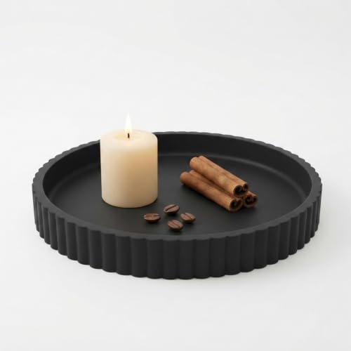 Round Solid Concrete Tray, Fluted Centerpiece for Coffee Table Decor 11" - color: Dark Black