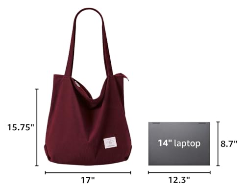 KALIDI Women Corduroy Tote Bag Zipper Casual Tote's Handbag Big Capacity Shoulder Bag with Pockets - color: Red