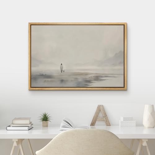 MUDECOR Framed Canvas Print Wall Art Solitary Figure in Mist Ethereal Monochrome Landscape Illustrations Fine Art Decorative Zen Multicolor Country/Farmhouse Retro for Bedroom - 24"x36" Natural - color: A03-2502-m05, size: 36"L x 24"W