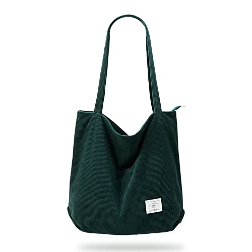 KALIDI Women Corduroy Tote Bag Zipper Casual Tote's Handbag Big Capacity Shoulder Bag with Pockets - color: Dark Green