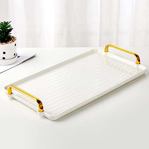 DUJUST Porcelain Serving Tray with Golden Handles, Modern Nordic Style Coffee Table Tray, Beautiful Tea Tray Decor for Living Room, Easy to Use & Clean - color: Golden Handles