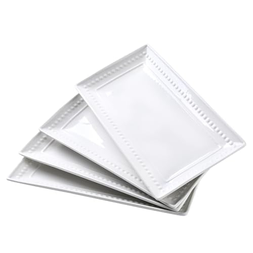 14 inch Ceramic Serving Platter - Rectangular Serving Trays Set of 4, Large Embossed Plates, Porcelain White Platters for Steak, Appetizer, Dessert, Tacos, Housewarming, Oven Dishwasher Safe - color: White 3