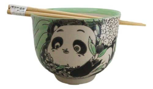 Ebros Gift Artistic Donburi Ramen Udon Noodles Soup Salad 5" D 18Oz Bowl With Bamboo Chopsticks And Built In Rest Set Asian Dining Kitchen Accent (Green Playful Panda With Flowers) - color: Green Playful Panda With Flowers
