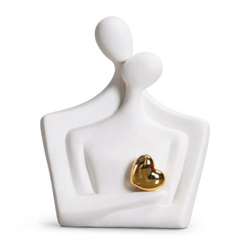 Ceramic Hugging Couple Statue with Gold Heart - Lover Figurine Home Decor Aesthetic, Romantic Gift for Her on Wedding Anniversaries and Valentine's Day Decor for Living Room Bedroom Shelf - size: Hug L-7.5in