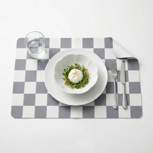Set of 6 Checkerboard Non-Slip Washable Placemats for Dining Table - color: Gray