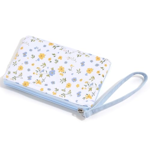 Cotton Floral Mini Organizer Bag Coin Purse for Women with KeyChain Cute Printed Zipper Change Purse Coin Pouch Card Holder Wallet Clutch for Women Girls - color: Blue