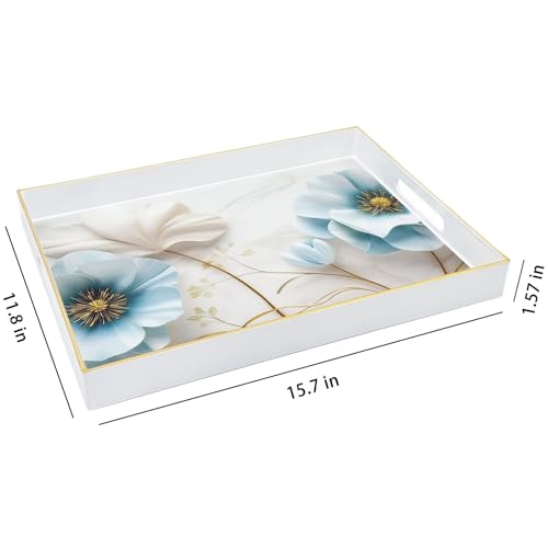 Serving Tray with Handles, 15.7 * 11.8 inches, Plastic Ottoman Tray with Exquisite Paintings, Trays for Coffee Table - color: Blue Flower