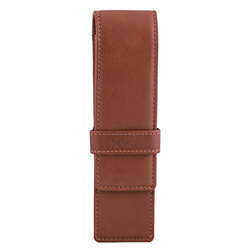 DiLoro Leather Double Pen Case Pencil Pouch Holder for Two Fountain Pens Ballpoint Rollerball and Pencils (Bugatti Tan) - color: Bugatti Tan