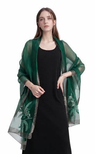 Jeelow Long Silk Blend Embroidered Floral Shawl Scarf Wrap for Women - color: Green Bloom