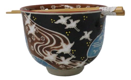 Ebros Gift Artistic Donburi Ramen Udon Noodles Soup Salad 5" D 18Oz Bowl With Bamboo Chopsticks And Built In Rest Set Asian Dining Kitchen Accent (White Japanese Cranes) - color: White Japanese Cranes