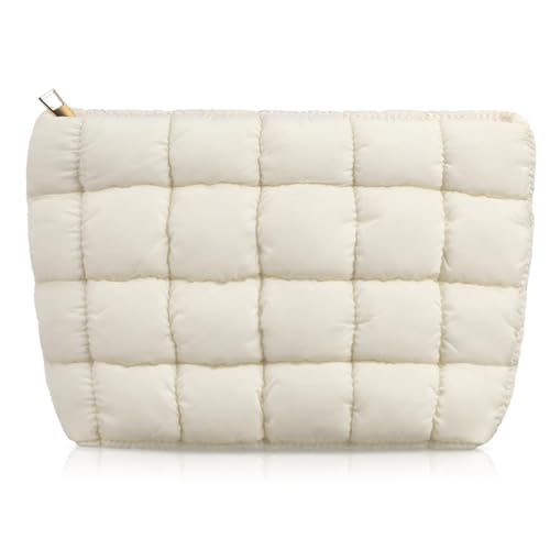 Hillban White Puffy Quilted Makeup Bag for Women Cosmetic Bag Gift, Classic - color: White, size: Classic