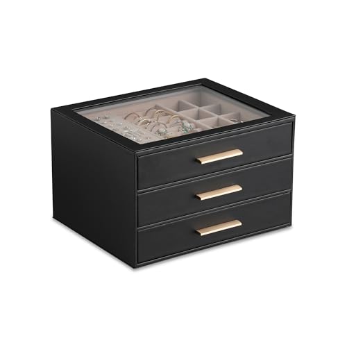 Frebeauty Jewelry Box for Women,Clear Lid Jewelry Organizer with 3 Drawers - color: Black, size: 3 Drawer
