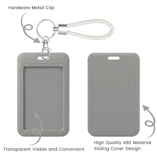 ID Card Badge Holder Key Chain with Metal Keyring, Plastic Slide Open with ID Window for Women Men Girls Students - color: Pure Gray