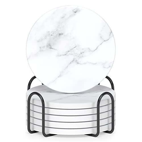 Coasters for Drinks, Set of 6 Cute Absorbent Ceramic Drink Coasters - color: Classic White Gray Marble