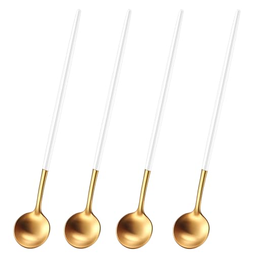 9 Inches Satin Gold Stainless Steel 18/10 Iced Teaspoons With White Handle,Set Of 4 Latte Spoons,Long Handle Coffee Stirring Spoons,Sundae Spoon For Mixing Cocktail Spoon - color: Gold-White Handle, size: 9 Inch