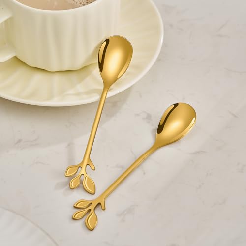 AnSaw 10-Pc Gold Mini Spoons & Forks Set, 4.7" - Leaf Handle - color: Gold