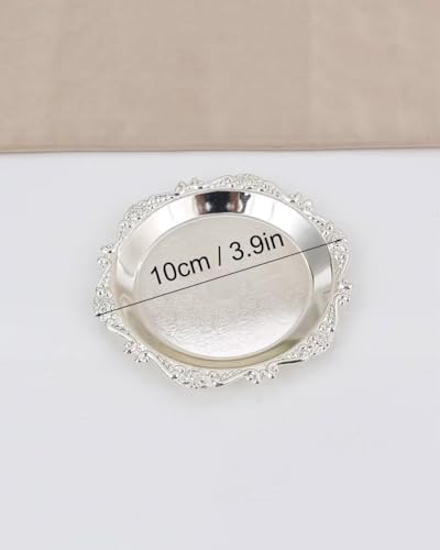 Round Decorative Tray 3.9in Metal Dessert Plates Vintage Coffee Table Tray for Snacks Fruit Silver - color: Silver, size: 3.9in