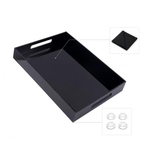 Black Tray 16x12” with Cut Handles - Large Plastic Tray for Ottoman Coffee Table, Kitchen, Office & Serving Guests - Modern Countertop Organizer & Ideal Decorative Tray - color: Black, size: 16" x 12" x 2"
