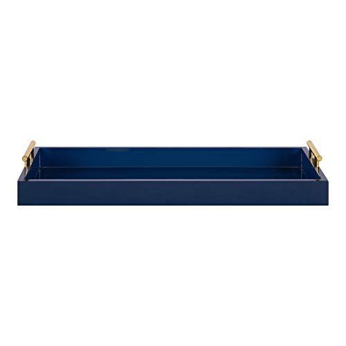 Kate and Laurel Lipton Narrow Decorative Tray with Polished Metal Handles, 10" x 24", Navy Blue and Gold, Chic Accent Tray for Display and Storage - color: Blue