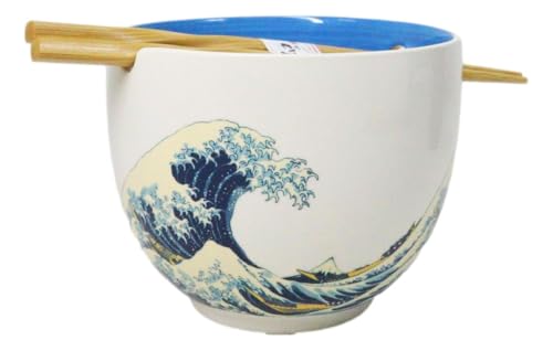 Ebros Gift Artistic Donburi Ramen Udon Noodles Soup Salad 5" D 18Oz Bowl With Bamboo Chopsticks And Built In Rest Set Asian Dining Kitchen Accent (Great Wave Of Kanagawa Hokusai) - color: Great Wave Of Kanagawa Hokusai