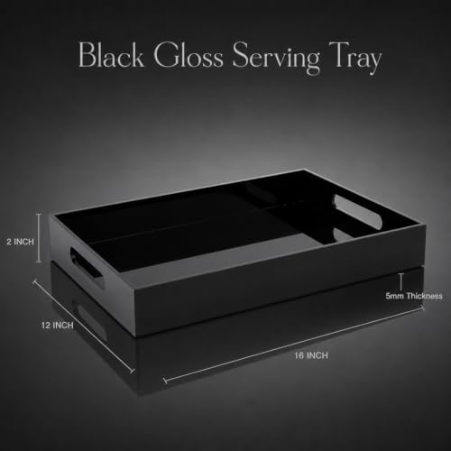 Black Tray 16x12” with Cut Handles - Large Plastic Tray for Ottoman Coffee Table, Kitchen, Office & Serving Guests - Modern Countertop Organizer & Ideal Decorative Tray - color: Black, size: 16" x 12" x 2"