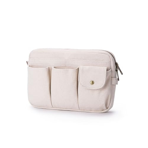 Pencil Holder Storage Bag for Women Large Capacity Zippered Pencil Case with Multiple Pockets Canvas Stationery Organizer for Office Travel & Daily Use - color: Beige/Canvas
