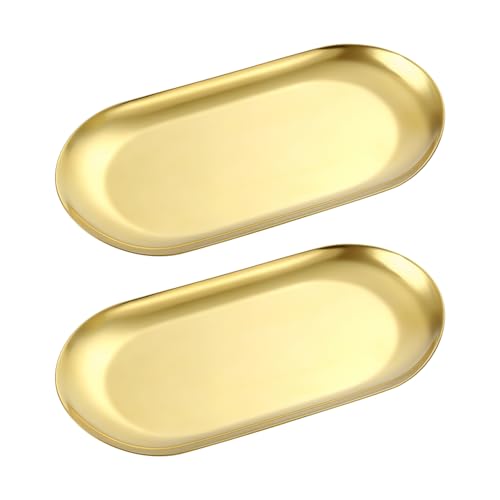 2 Pcs 7" Stainless Steel Decorative Tray Oval Jewelry Dish Cosmetics Organizer Bathroom Vanity Serving Platter Small Storage Trinket Ring Holder for Perfume Candle Key (Gold) - color: Gold