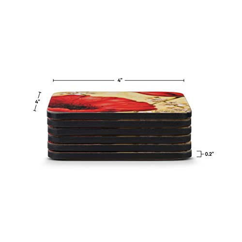 Pimpernel Red Poppy Blossoms Coasters, Set of 4 (4" x 4") – Cork-Backed Board with Bright Floral Artwork, Heat & Stain Resistant Drink Mats for Dining, Coffee Tables & Home Decoration - size: 4" x 4" Square, style: Poppy de Villeneuve