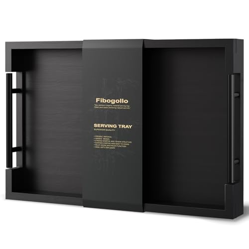 Fibogollo Bamboo Serving Trays with Metal Handles,Medium(Black) - style: Black-Medium