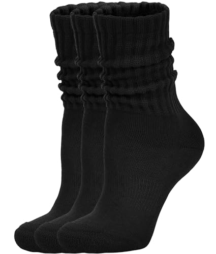 AugRing Women's Scrunch Crew Socks Retro 3-Pack Solid Cotton Boot Calf Chunky Ribbed Cozy Slouchy Socks Size 5-11 - color: 3 Pack Black