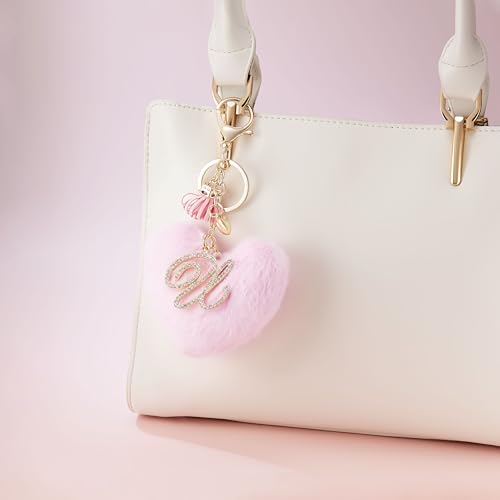 Initial Letter Heart Pom Pom Keychain for Women Pink Soft Fluffy Ball Key Ring for Purse Backpack Handbag - color: U