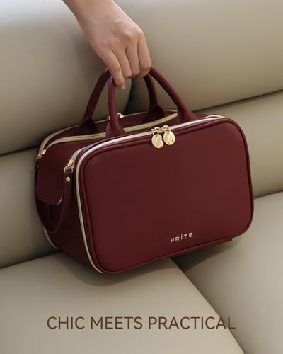 Prite Large Makeup Bag, Waterproof Travel Cosmetic Case with Brush Holder - color: Burgundy, size: Large