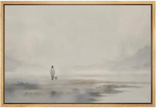 MUDECOR Framed Canvas Print Wall Art Solitary Figure in Mist Ethereal Monochrome Landscape Illustrations Fine Art Decorative Zen Multicolor Country/Farmhouse Retro for Bedroom - 24"x36" Natural - color: A03-2502-m05, size: 36"L x 24"W