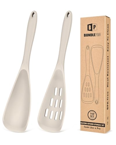 BUNDLEPRO Silicone Cooking Spoons for Nonstick Cookware, One-Piece, 2 Pack - color: Khaki