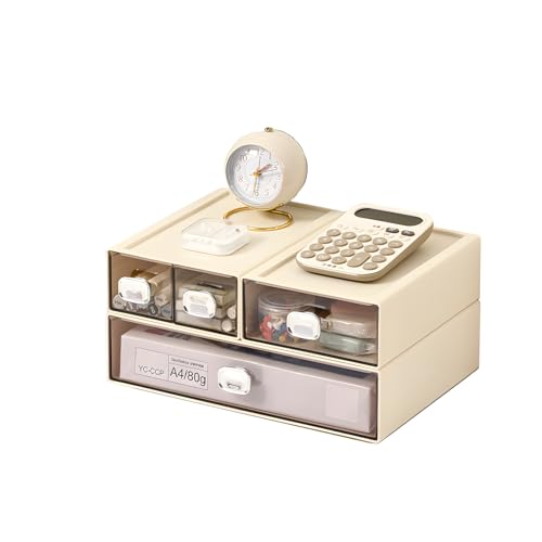Desktop Storage Drawers, Plastic Countertop Printer Paper Organizer - color: 4 Mixed Drawers, Cream
