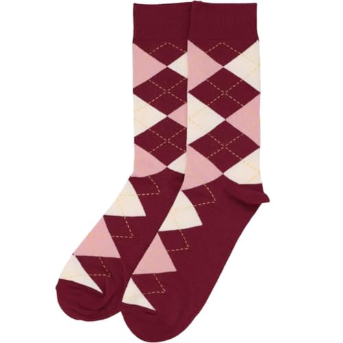 tiemart Men's Socks, Fits Men's Shoe Sizes 8-12 - color: Burgundy and Blush Argyle