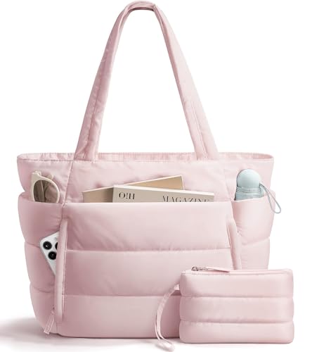 Bagstellar Puffer Tote Bag for Women, Lightweight Puffy Travel Gym Work Bag - color: Pink