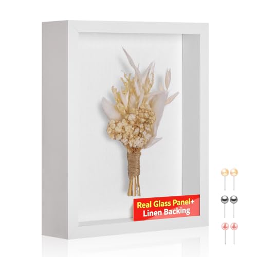 8x10 Shadow Box Picture Frame with Real Glass Panel and Linen Back - color: White + Thickened Panel + Foam Packaging, size: 8x10