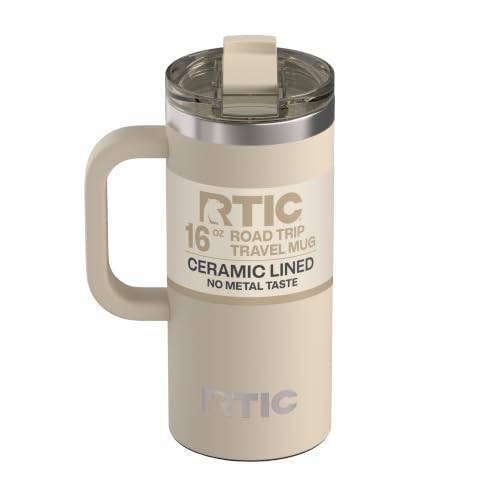 RTIC 16oz Road Trip Travel Mug with Lid and Handle, Ceramic Lined, Beach - color: Beach, size: 16 Ounces