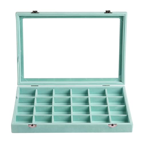 Frebeauty 24 Grid Earring Organizer,Velvet Jewelry Tray with Clear Lid - color: Turquoise, size: 24 Grid