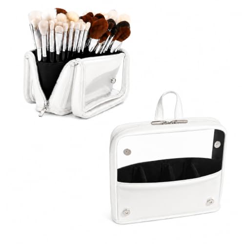 YDR Travel Makeup Brush Holder, Standing Makeup Brush Bag with Clear Window, Detachable Dividers, Large Capacity PU Leather Makeup Brush Case for Women & Makeup Artists - color: White