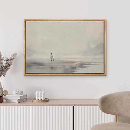 MUDECOR Framed Canvas Print Wall Art Solitary Figure in Mist Ethereal Monochrome Landscape Illustrations Fine Art Decorative Zen Multicolor Country/Farmhouse Retro for Bedroom - 16"x24" Natural - color: A03-2502-m05, size: 24"L x 16"W