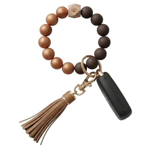 BIHRTC Key Ring Bracelet Car Keychain Holder Wristlet Silicone Women Beaded Bangle Chains - color: Brown Coffe Eye