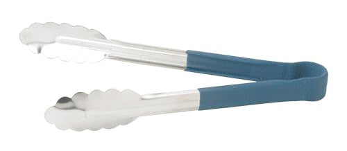 Winco 9" Blue Stainless Steel Serving Tongs with Non-Slip Handle - size: 9"