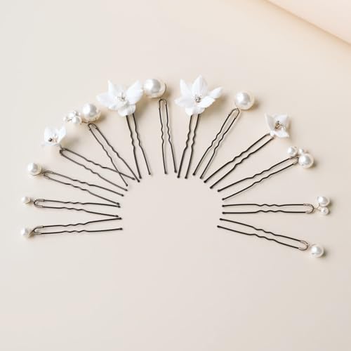 Handmade Pearl Bridal Wedding Hair Pins 13Pcs White Flowers Pearls Clips Wedding Hair Accessories for Women Brides Bridesmaid - color: Set-A-Bronze