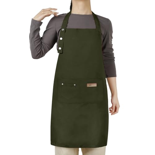 Hongsome Adjustable Button Apron for Women Men Artist Painting Pottery Garden Cooking Kitchen Chef 3 Pockets Waterproof M-XXL - color: Green